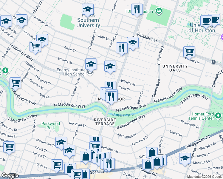 map of restaurants, bars, coffee shops, grocery stores, and more near 3723 Southmore Boulevard in Houston
