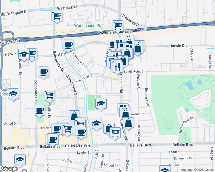 map of restaurants, bars, coffee shops, grocery stores, and more near Bissonnet Street in Houston