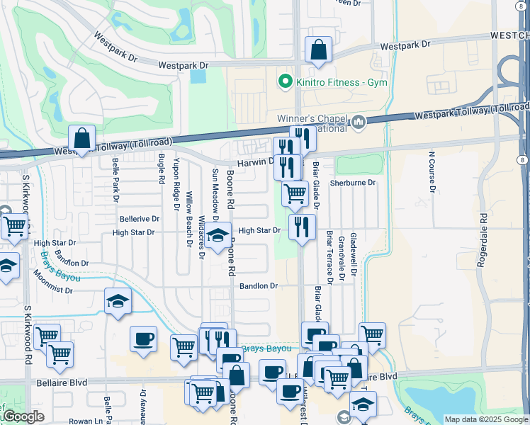 map of restaurants, bars, coffee shops, grocery stores, and more near 11030 High Star Drive in Houston