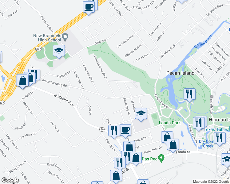 map of restaurants, bars, coffee shops, grocery stores, and more near 122 Pennsylvania Boulevard in New Braunfels