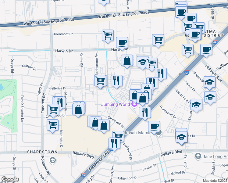 map of restaurants, bars, coffee shops, grocery stores, and more near 7225 Bellerive Drive in Houston