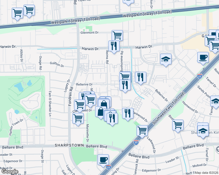map of restaurants, bars, coffee shops, grocery stores, and more near 6100-6218 Reims Road in Houston