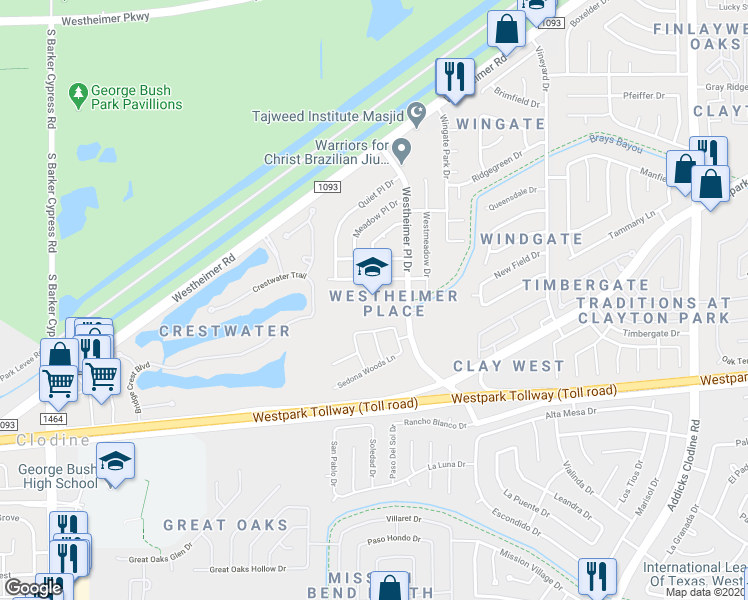 map of restaurants, bars, coffee shops, grocery stores, and more near 16305 Kensley Drive in Houston