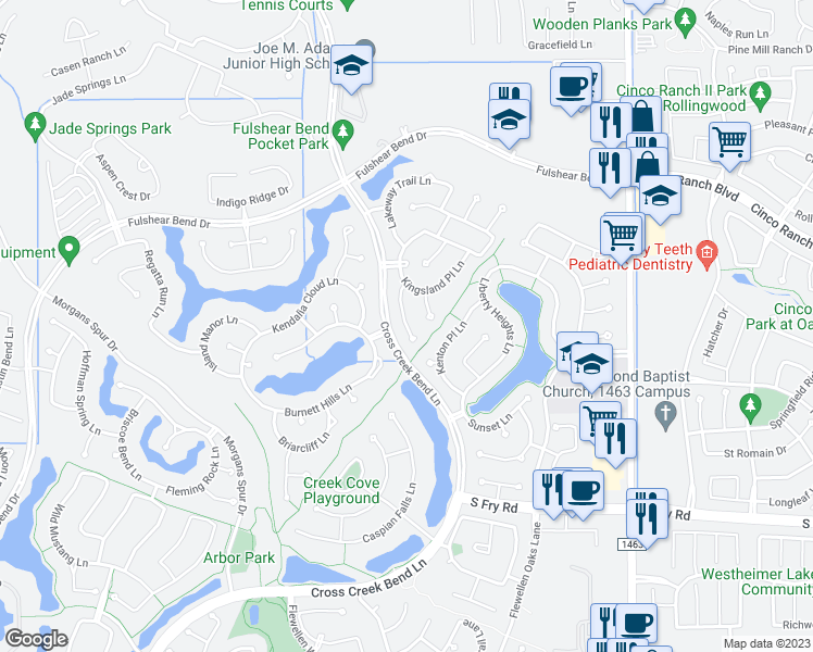 map of restaurants, bars, coffee shops, grocery stores, and more near 5110 Bartlett Vista Court in Katy