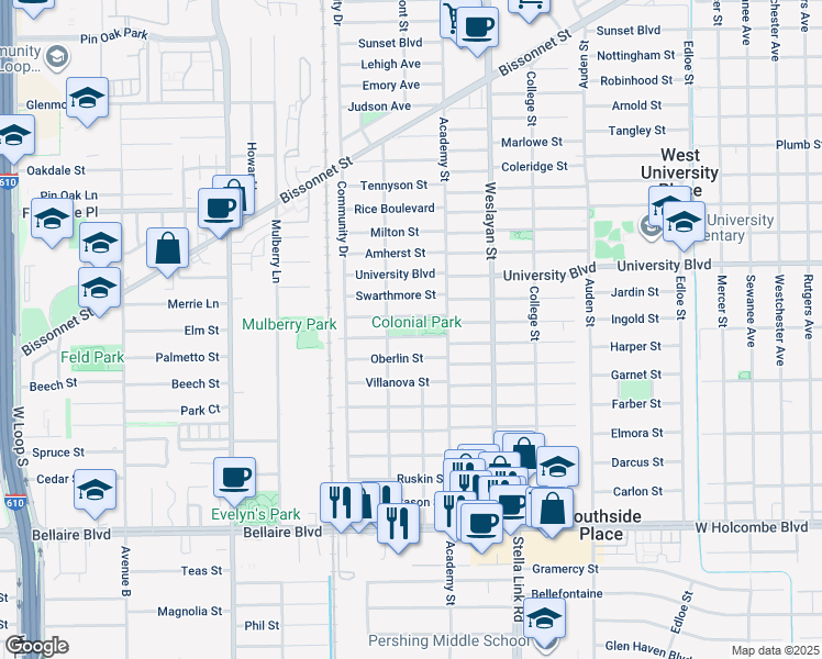 map of restaurants, bars, coffee shops, grocery stores, and more near 4130 Byron Street in West University Place