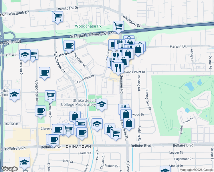 map of restaurants, bars, coffee shops, grocery stores, and more near 8701 Town Park Drive in Houston