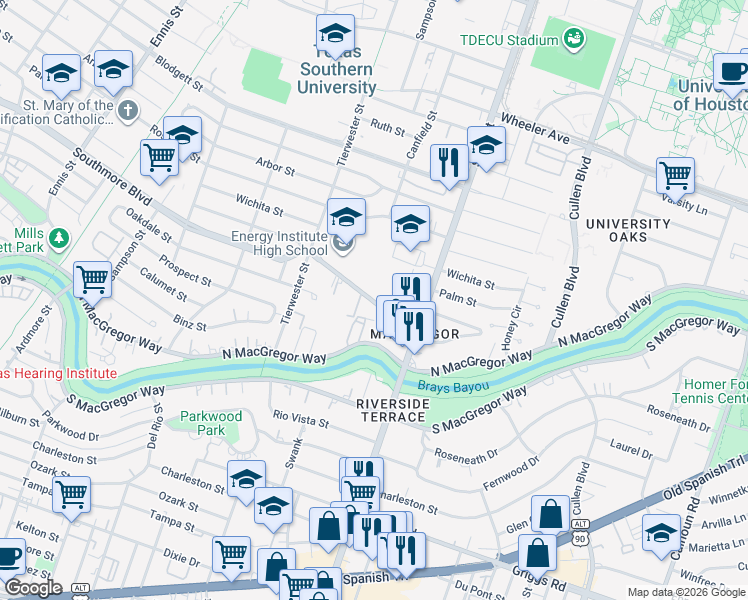 map of restaurants, bars, coffee shops, grocery stores, and more near 3629 North MacGregor Way in Houston