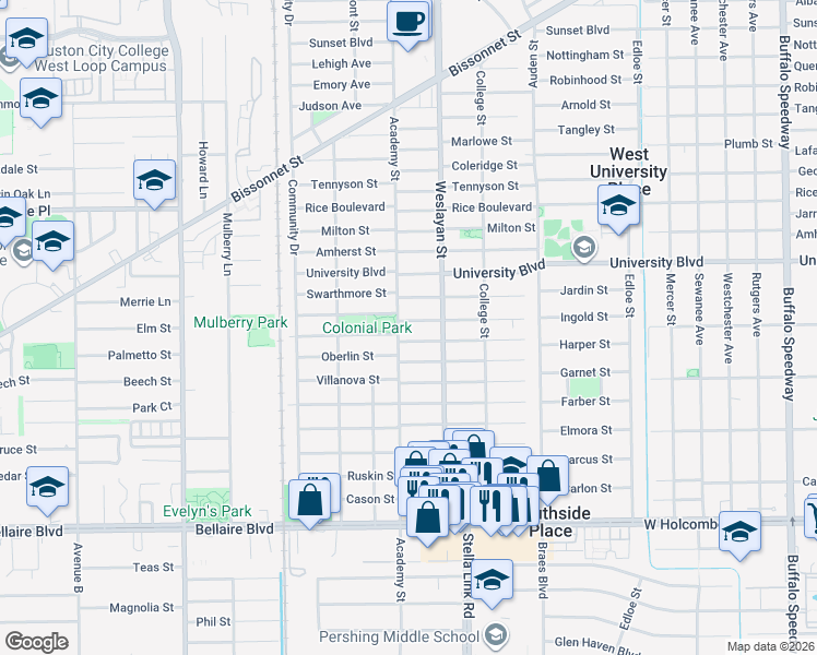 map of restaurants, bars, coffee shops, grocery stores, and more near 4021 Byron Street in Houston