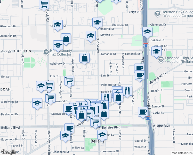 map of restaurants, bars, coffee shops, grocery stores, and more near 5108 Palmetto Street in Bellaire