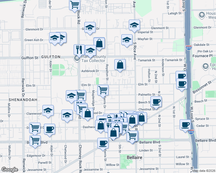 map of restaurants, bars, coffee shops, grocery stores, and more near 6313 Meredith Drive in Bellaire