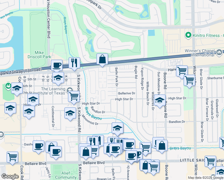 map of restaurants, bars, coffee shops, grocery stores, and more near 4260 Belle Park Drive in Houston