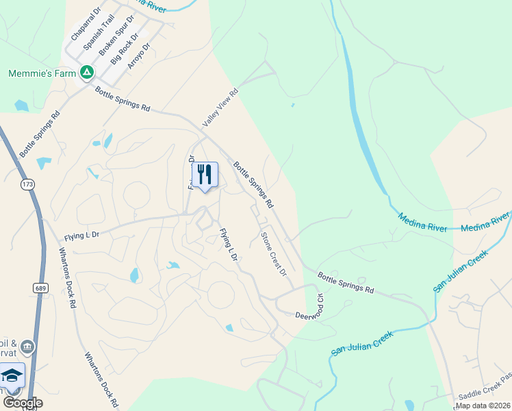 map of restaurants, bars, coffee shops, grocery stores, and more near 340 Stone Crest Drive in Bandera