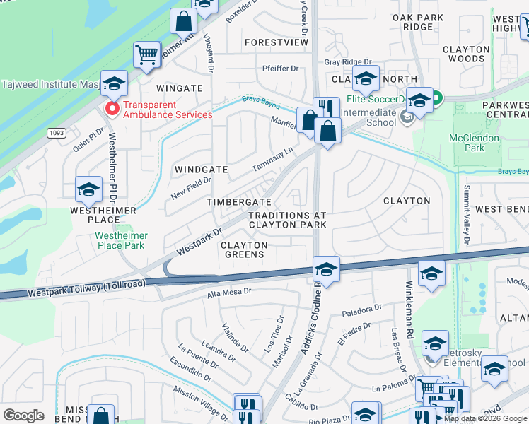 map of restaurants, bars, coffee shops, grocery stores, and more near 15935 South Alley Court in Houston