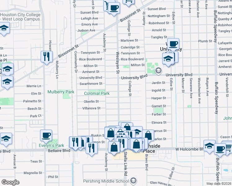 map of restaurants, bars, coffee shops, grocery stores, and more near 4021 Byron Street in Houston
