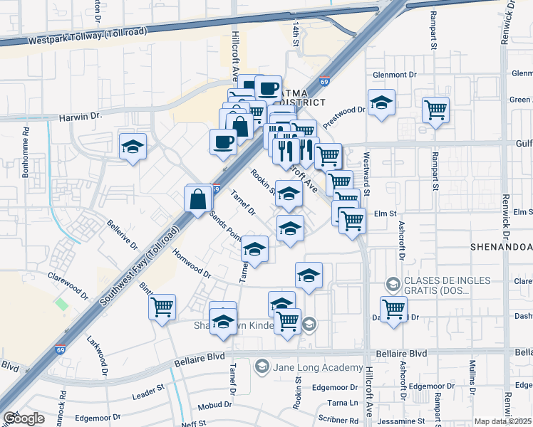 map of restaurants, bars, coffee shops, grocery stores, and more near 6500 Sands Point Drive in Houston