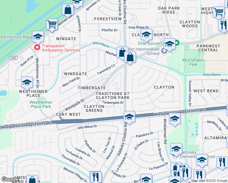 map of restaurants, bars, coffee shops, grocery stores, and more near 15810 West Park Court in Houston