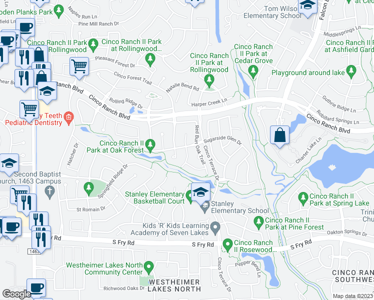map of restaurants, bars, coffee shops, grocery stores, and more near Red Oak Valley Drive in Katy