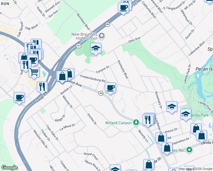 map of restaurants, bars, coffee shops, grocery stores, and more near 182 Woodland Avenue in New Braunfels