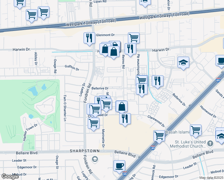 map of restaurants, bars, coffee shops, grocery stores, and more near 7500 Bellerive Drive in Houston