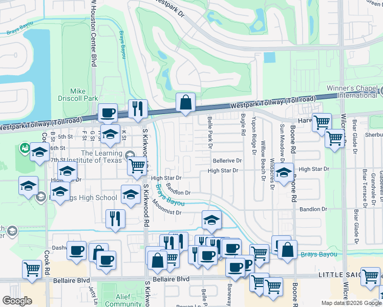 map of restaurants, bars, coffee shops, grocery stores, and more near 91 East Park West Drive in Houston
