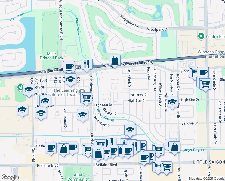 map of restaurants, bars, coffee shops, grocery stores, and more near 91 East Park West Drive in Houston