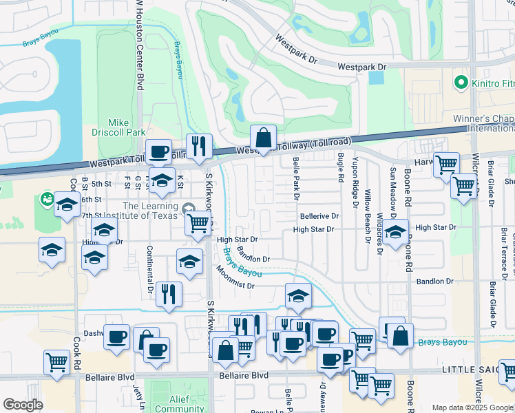 map of restaurants, bars, coffee shops, grocery stores, and more near 91 East Park West Drive in Houston