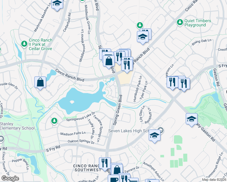 map of restaurants, bars, coffee shops, grocery stores, and more near 10450 Spring Green Boulevard in Katy