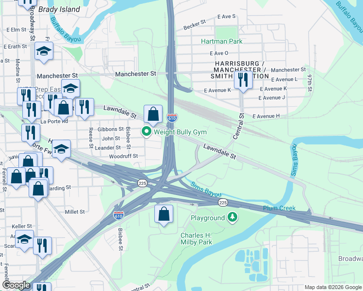 map of restaurants, bars, coffee shops, grocery stores, and more near 9330 Lawndale Street in Houston