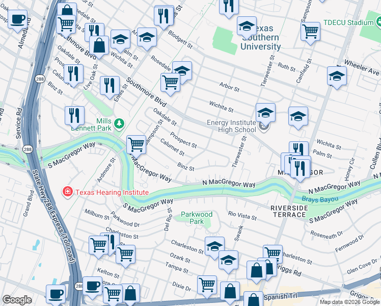 map of restaurants, bars, coffee shops, grocery stores, and more near 3318 Prospect Street in Houston