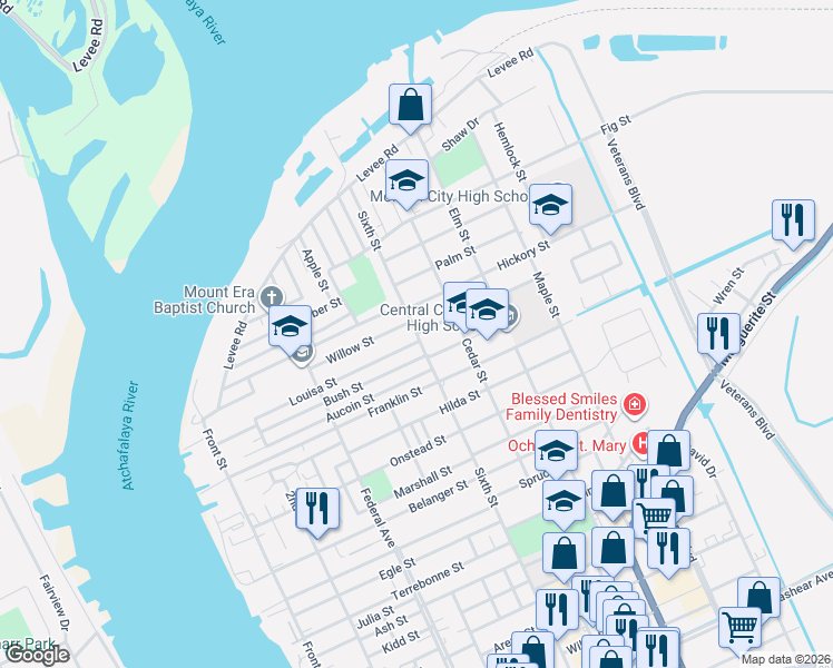 map of restaurants, bars, coffee shops, grocery stores, and more near 801 Poplar Street in Morgan City