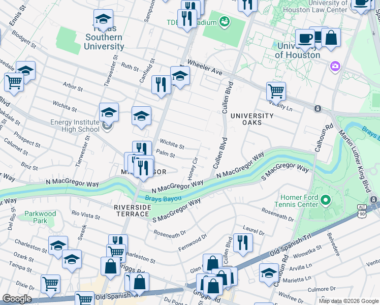 map of restaurants, bars, coffee shops, grocery stores, and more near 3857 Wichita Street in Houston