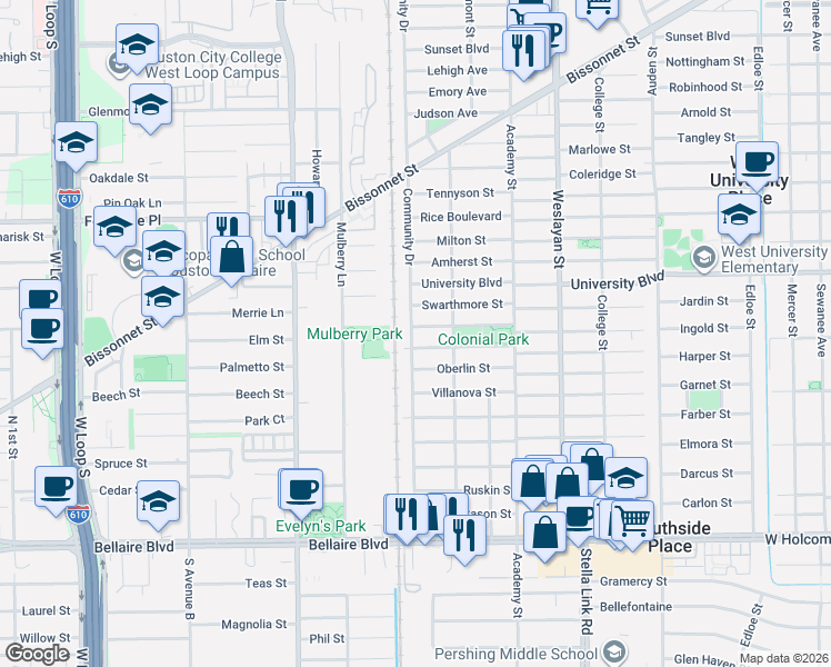 map of restaurants, bars, coffee shops, grocery stores, and more near 4235 Case Street in Houston
