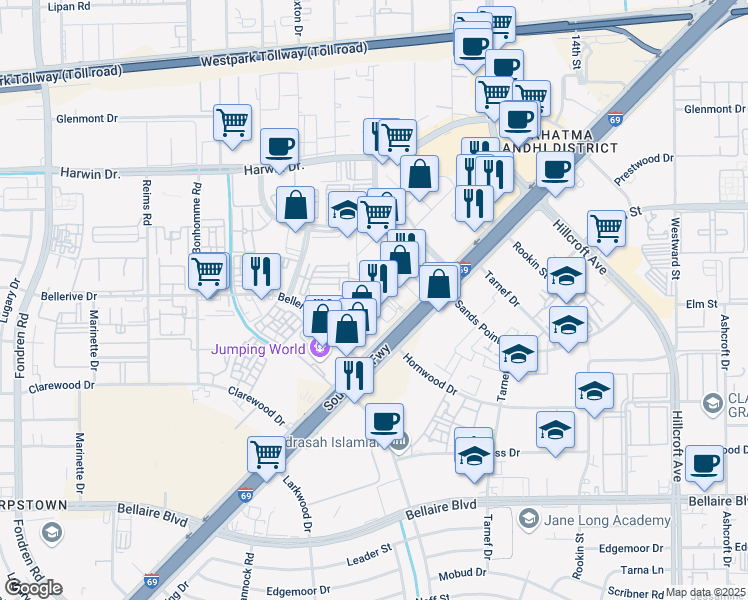 map of restaurants, bars, coffee shops, grocery stores, and more near 6978 Windwater Parkway North in Houston