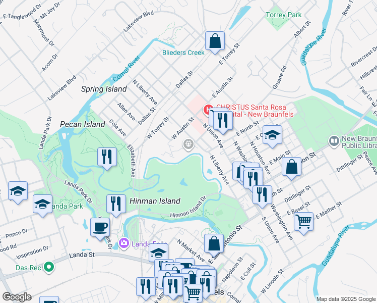 map of restaurants, bars, coffee shops, grocery stores, and more near 400 North Liberty Avenue in New Braunfels