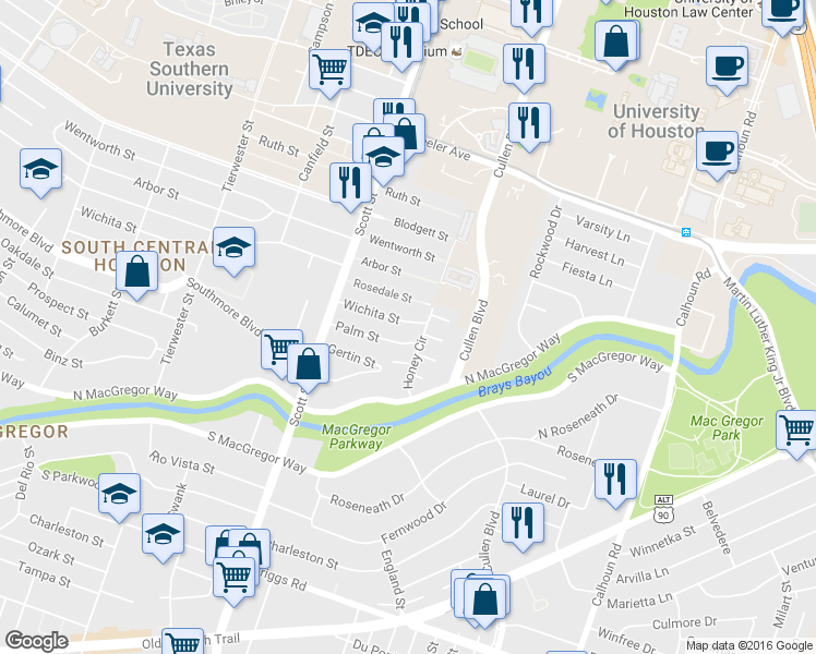 map of restaurants, bars, coffee shops, grocery stores, and more near 3857 Wichita Street in Houston