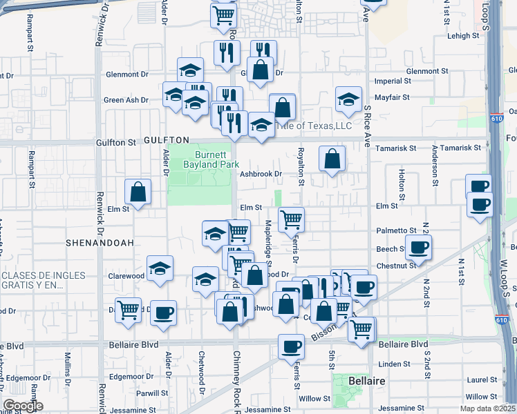 map of restaurants, bars, coffee shops, grocery stores, and more near 5422 Elm Street in Houston