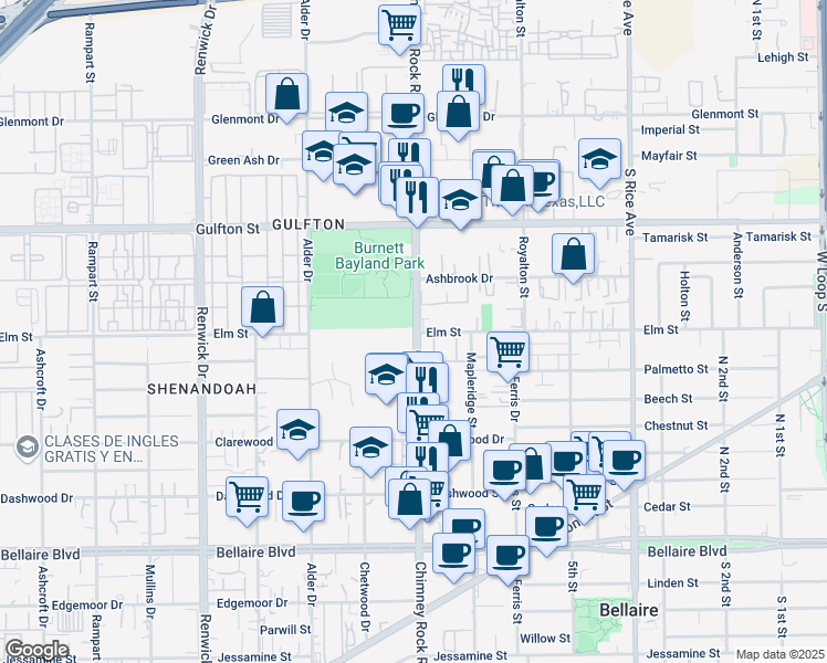 map of restaurants, bars, coffee shops, grocery stores, and more near 6219 Chimney Rock Road in Houston