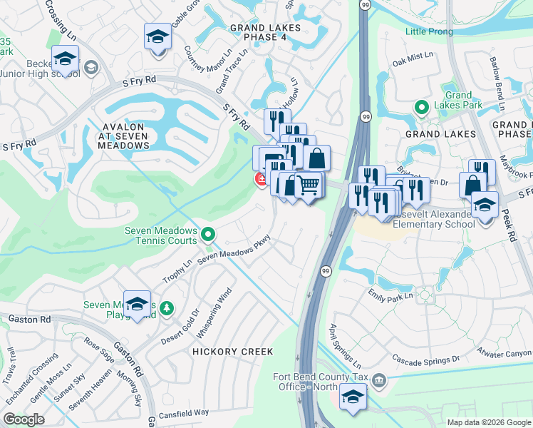 map of restaurants, bars, coffee shops, grocery stores, and more near 6823 South Fry Road in Katy