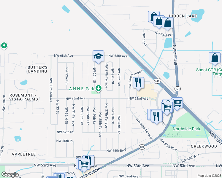 map of restaurants, bars, coffee shops, grocery stores, and more near 6415 Northwest 27th Terrace in Gainesville
