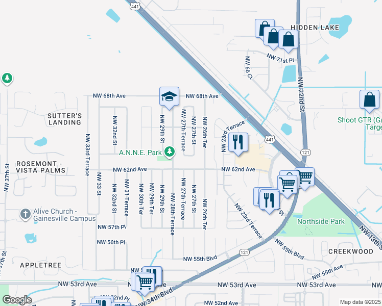 map of restaurants, bars, coffee shops, grocery stores, and more near 2720 Northwest 63 Place in Gainesville