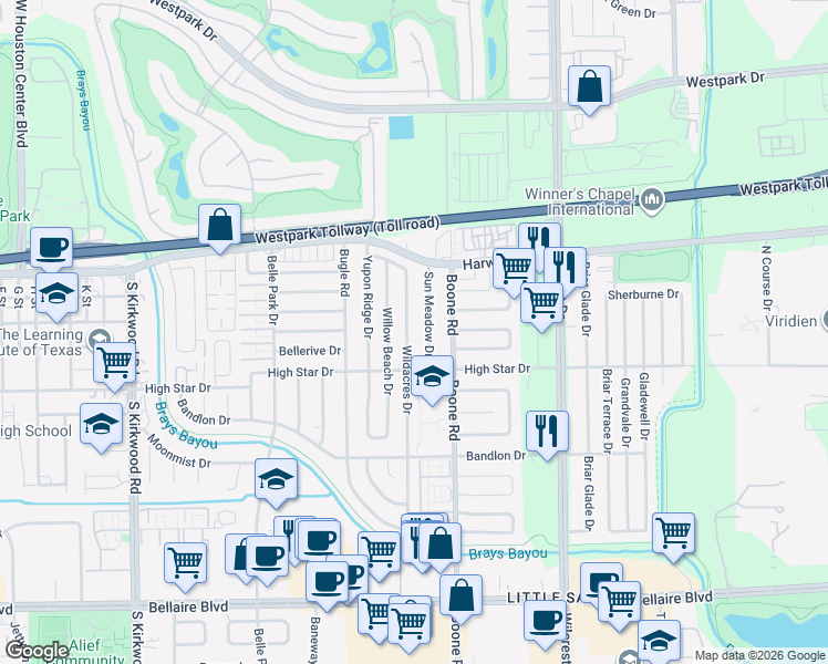 map of restaurants, bars, coffee shops, grocery stores, and more near 4211 Wildacres Drive in Houston