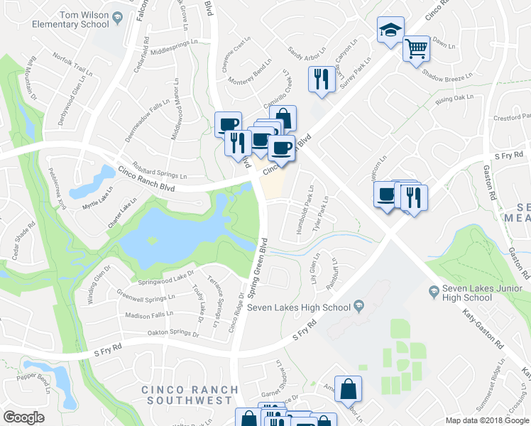 map of restaurants, bars, coffee shops, grocery stores, and more near 10477 Spring Green Boulevard in Katy