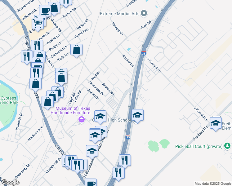 map of restaurants, bars, coffee shops, grocery stores, and more near 1565 North Business Interstate Highway 35 in New Braunfels