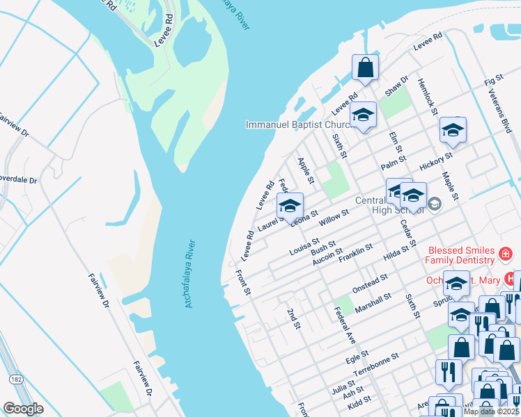 map of restaurants, bars, coffee shops, grocery stores, and more near 300 Lawrence Street in Morgan City