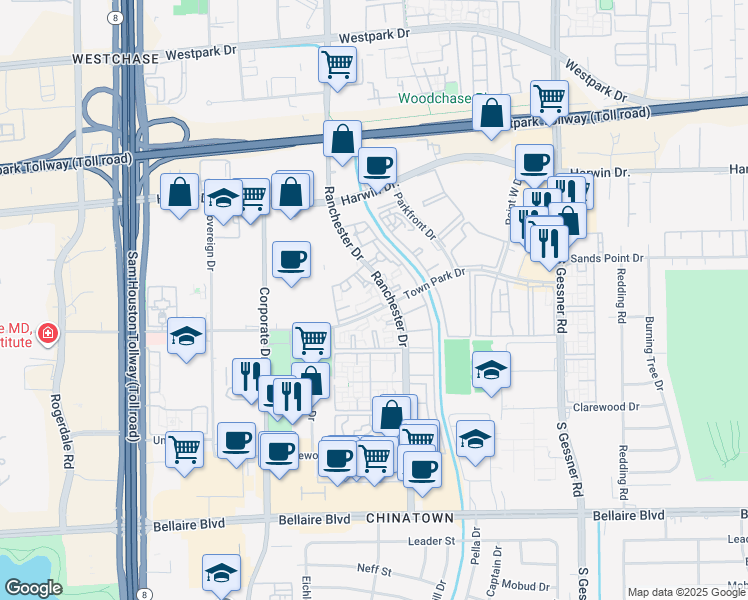 map of restaurants, bars, coffee shops, grocery stores, and more near 5900 Ranchester Drive in Houston