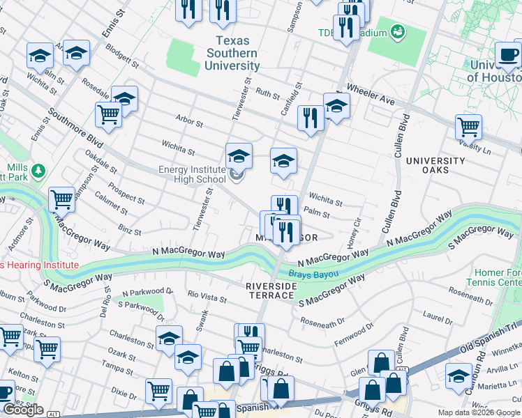 map of restaurants, bars, coffee shops, grocery stores, and more near 3711 Southmore Boulevard in Houston