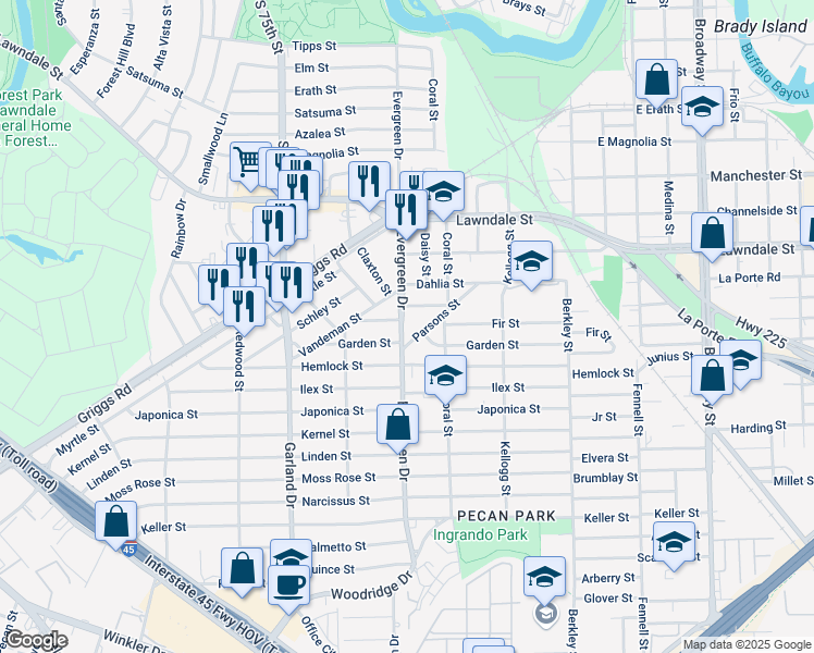 map of restaurants, bars, coffee shops, grocery stores, and more near 1308 Evergreen Drive in Houston
