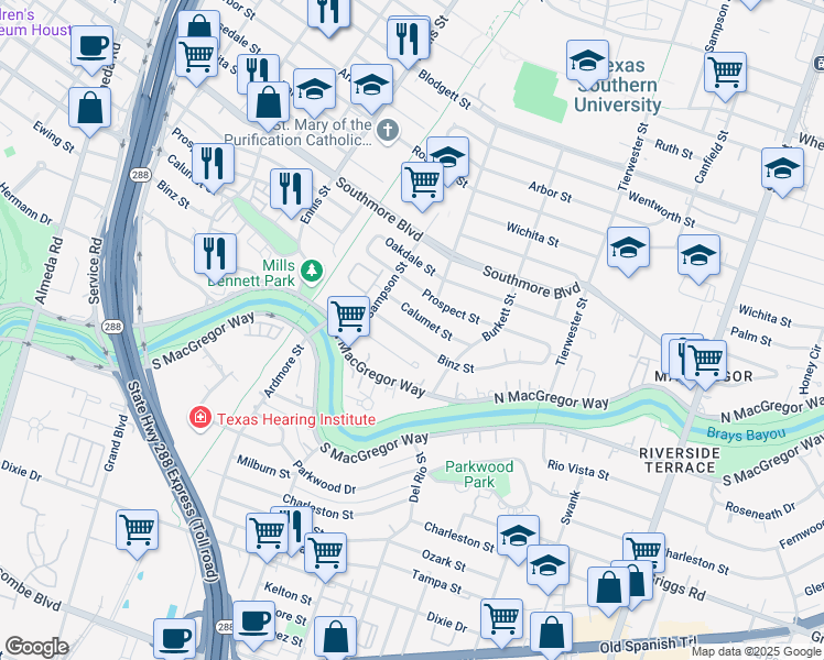 map of restaurants, bars, coffee shops, grocery stores, and more near 3237 Calumet Street in Houston