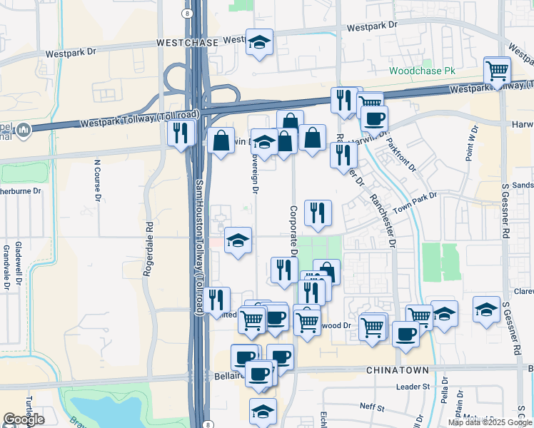 map of restaurants, bars, coffee shops, grocery stores, and more near 5905 Sovereign Drive in Houston