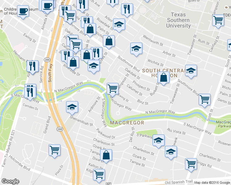 map of restaurants, bars, coffee shops, grocery stores, and more near Sampson Street & Ewing Street in Houston